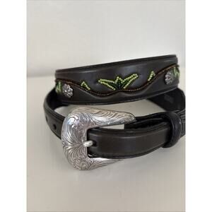 Womens Tony Lama Brighton Buckle Green Beaded Black Leather Belt 30” Western NEW